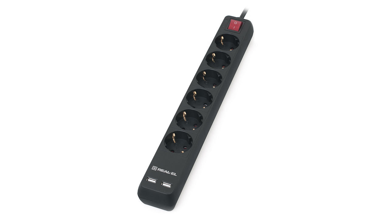 Фільтр мережевий REAL-EL RS-6 PROTECT USB, 6 розеток 5 м, black (EL122300018)